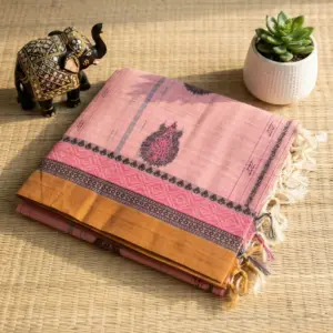 negamam cotton saree with baby pink color and gold border