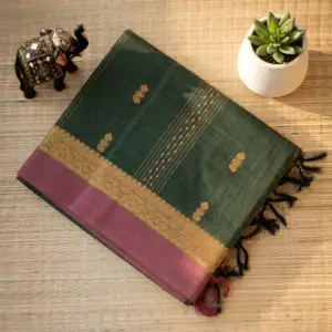 Negamam Cotton Saree Bottle Green with Gold Border MHP03