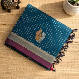 Negamam Cotton Saree Peacock Blue with Silver Border MHP02
