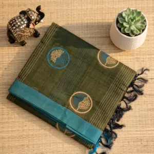 Negamam Cotton Saree Olive Green with Sky Blue Border MHP17