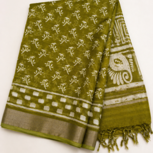Premium Olive Green Batik Print Cotton Saree | MRJA Vastrahara