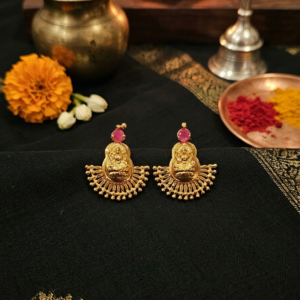 Gold Plated Lakshmi Motif Drop Earrings with Pink Stone P330