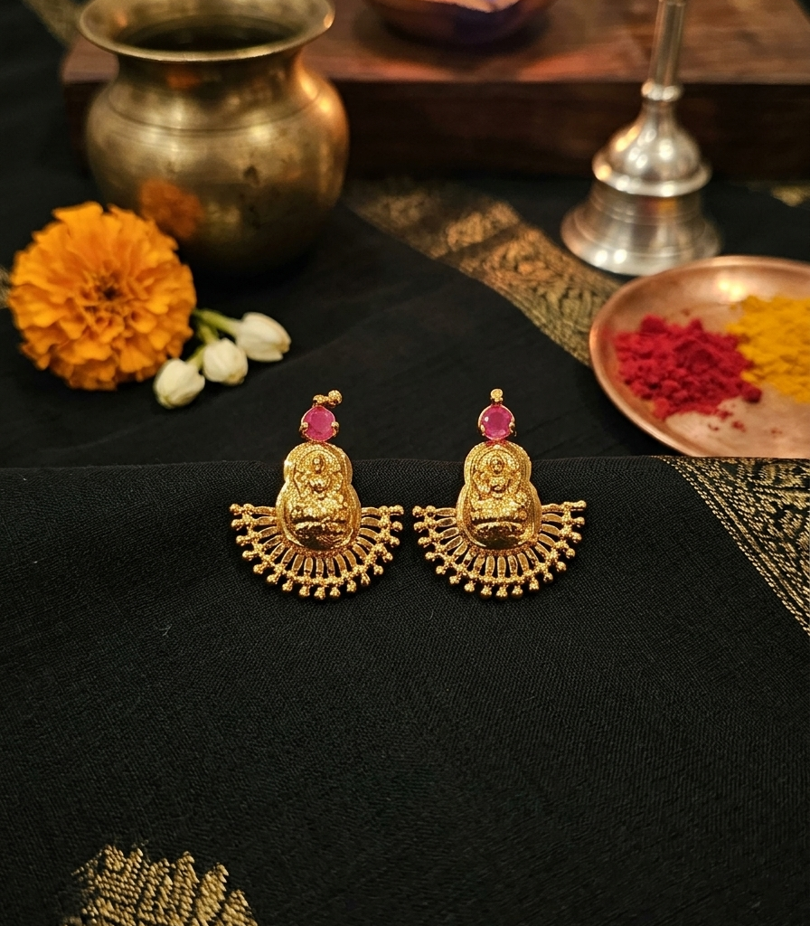 Gold Plated Lakshmi Motif Drop Earrings with Pink Stone | P330 Gold Plated Lakshmi Motif Drop Earrings with Pink Stone P330