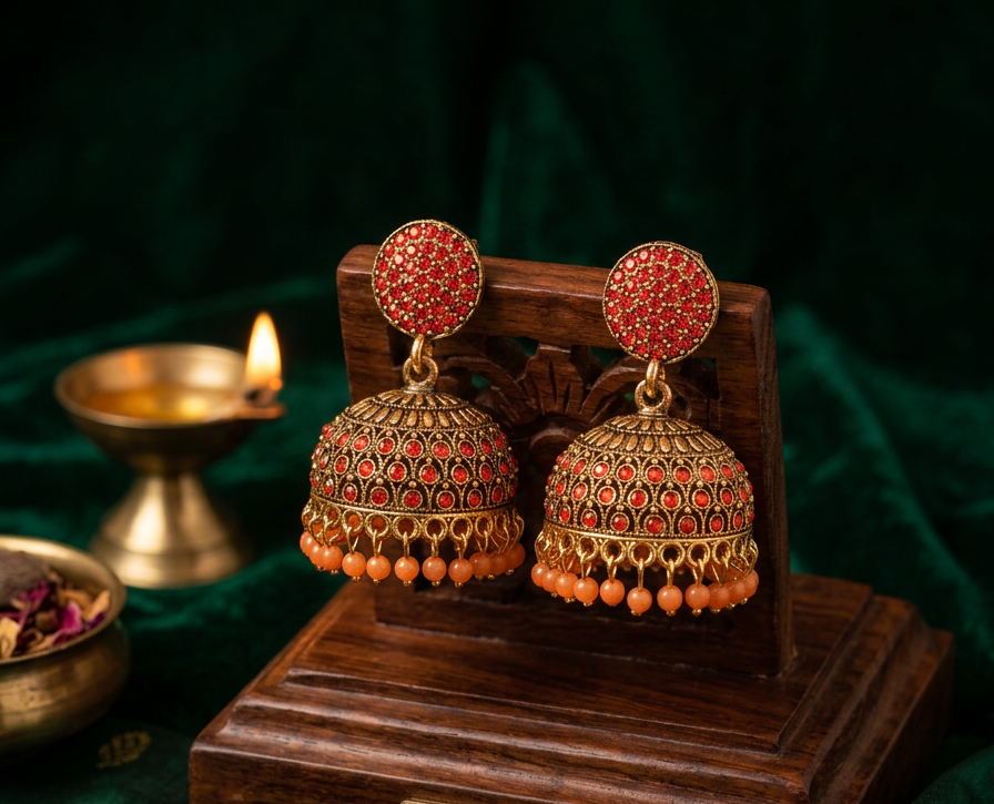 image 5b878a4d Traditional Orange Stone Jhumka Earrings with Orange Bead Drops BH10 | MRJA Vastrahara