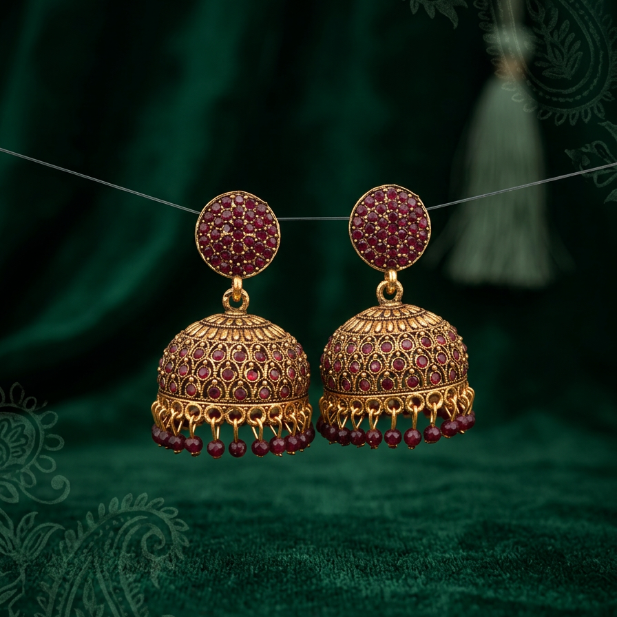 image 851a0177 Traditional Maroon Stone Jhumka Earrings with Maroon Bead Drops BH10B | MRJA Vastrahara