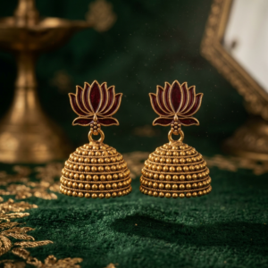 Antique Gold Red Lotus Jhumka Earrings BH06B