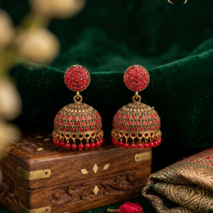 Traditional Red Stone Jhumka Earrings with Red Bead Drops BH10A | MRJA Vastrahara