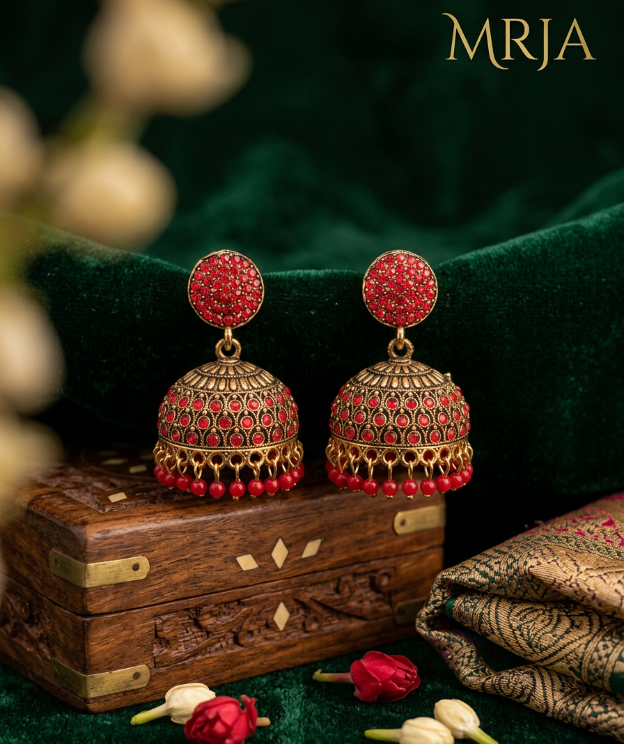 image e9873543 Traditional Red Stone Jhumka Earrings with Red Bead Drops BH10A | MRJA Vastrahara