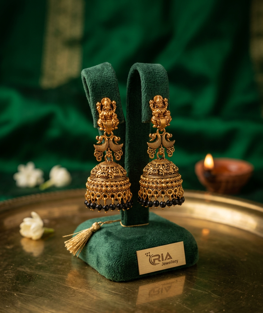 image f7df676b Traditional Lakshmi Idol Peacock Jhumka Earrings with Black Bead Drops BH07A | MRJA Vastrahara