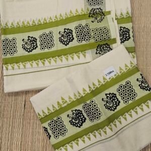 Kerala Onam Set Mundu with Olive Green Peacock and Traditional Printed Border – KH07A | MRJA Vastrahara