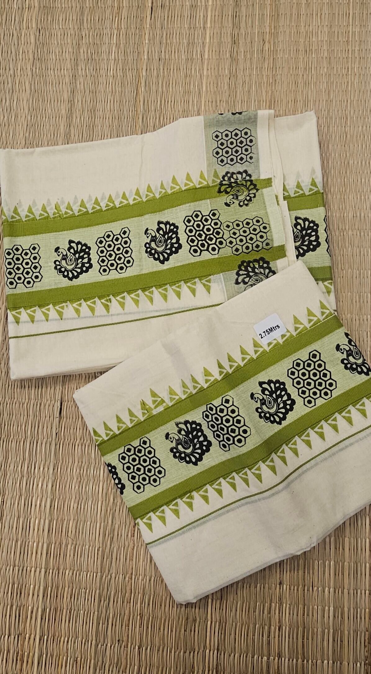 20260317 172831 Kerala Onam Set Mundu with Olive Green Peacock and Traditional Printed Border – KH07A | MRJA Vastrahara