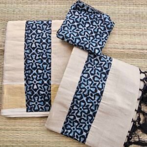 Onam Kerala Set Mundu with Indigo Blue Black Batik Border Matching Blouse and Black Tassels – BMP04 | MRJA Vastrahara