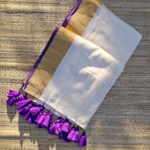 Onam Special Mul Cotton Kerala Saree with Off White Body, Golden Zari Border and Purple Tassels – BN01 | MRJA Vastrahara