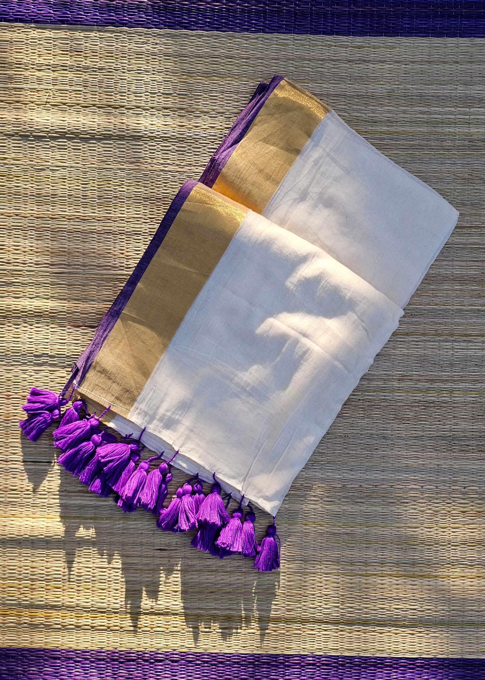 20260722 173720 Onam Special Mul Cotton Kerala Saree with Off White Body, Golden Zari Border and Purple Tassels – BN01 | MRJA Vastrahara