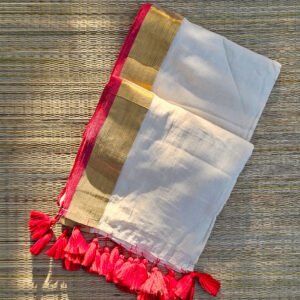 Onam Special Mul Cotton Kerala Saree with Off White Body, Golden Zari Border and Red Tassels – BN02 | MRJA Vastrahara