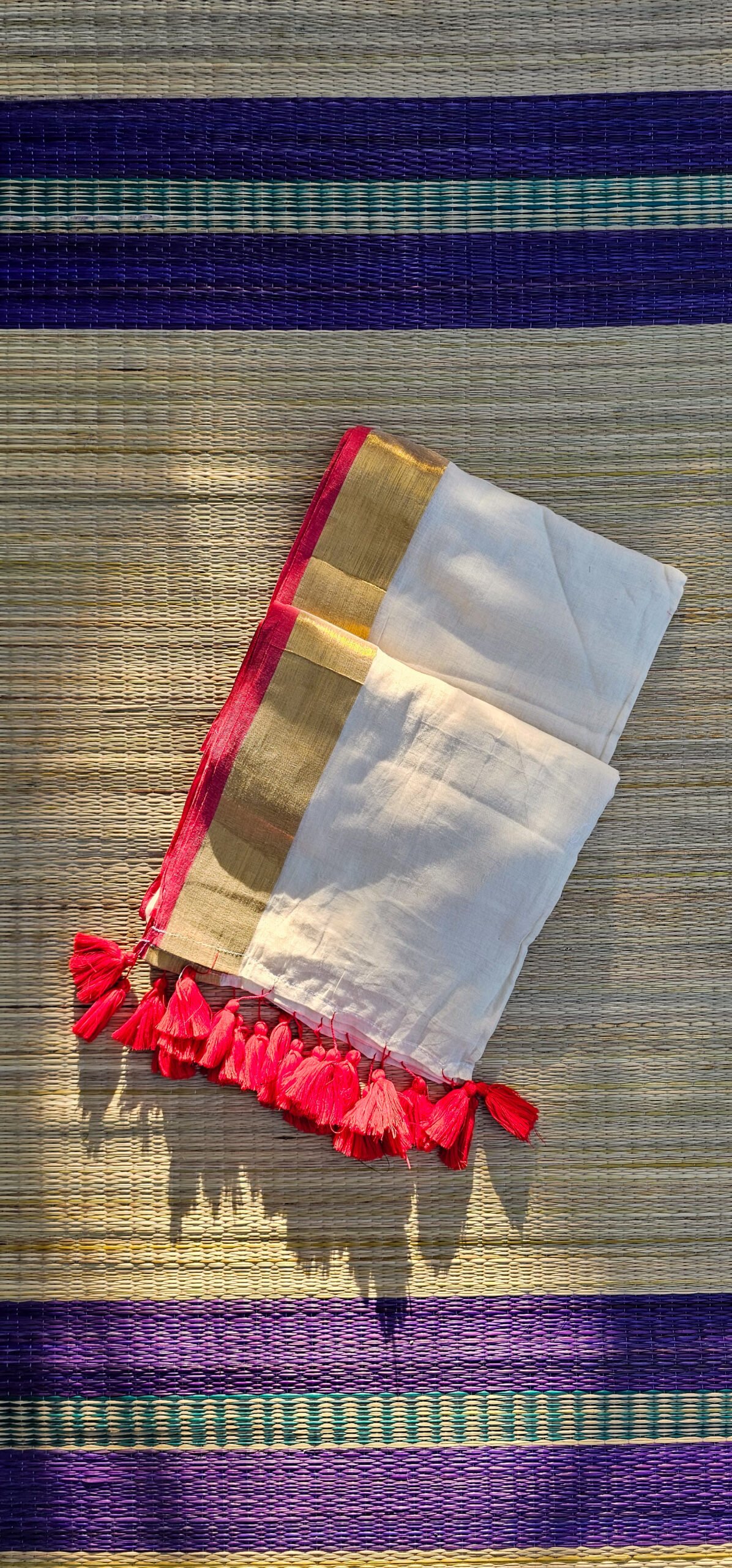 20260722 174025 Onam Special Mul Cotton Kerala Saree with Off White Body, Golden Zari Border and Red Tassels – BN02 | MRJA Vastrahara