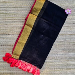Black Mul Cotton Onam Saree with Red Border, Golden Zari and Red Tassels – BN03 | MRJA Vastrahara