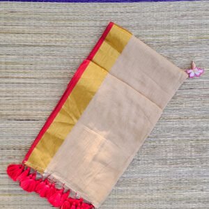 Golden Beige Mul Cotton Onam Saree with Golden Zari Border, Red Edge and Tassels – BN04 | MRJA Vastrahara