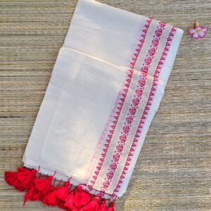 BN05 off white Mul Cotton Kerala Onam saree with red and antique gold traditional butta border and red tassels – MRJA Vastrahara