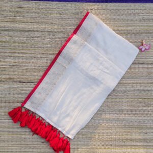 BN06 ivory gold Mul Cotton Kerala Onam saree with traditional golden motif border, red edge and red tassels – MRJA Vastrahara