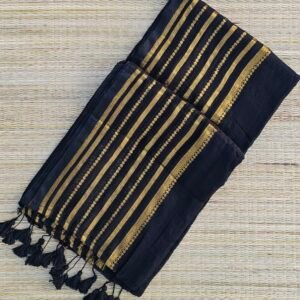 Black and Gold Mul Cotton Saree with Golden Stripes and Black Tassels