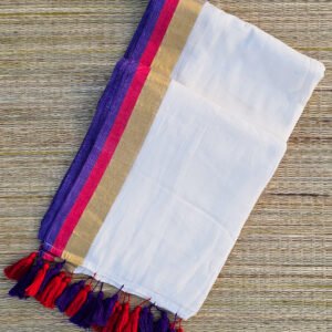 BN07 off white Mul Cotton Kerala Onam saree with golden kasavu style border, purple and red accents and matching tassels – MRJA Vastrahara
