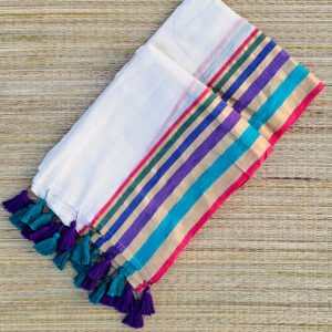 BN07 off white Mul Cotton Kerala Onam saree with multicolour gold kasavu style border and purple teal tassels – MRJA Vastrahara