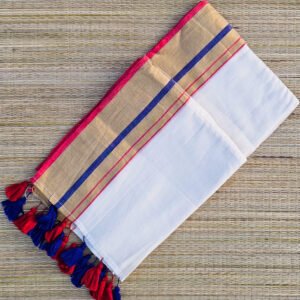 Off-White Mul Cotton Onam Saree with Golden Zari, Blue and Red Border – BN09 | MRJA Vastrahara