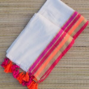 Onam Special Mul Cotton Saree with Pink Orange Multicolour Striped Border and Tassels – BN10 | MRJA Vastrahara