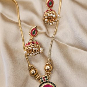 Ruby Pink Stone Gold-Tone Pendant Necklace Set VN11
