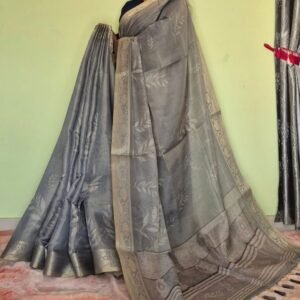 Grey Soft Silk Digital Printed Saree with Leaf Motifs and Traditional Border