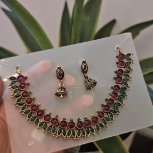 Antique Gold Necklace Set with Ruby Pink and Green Stones BS10b