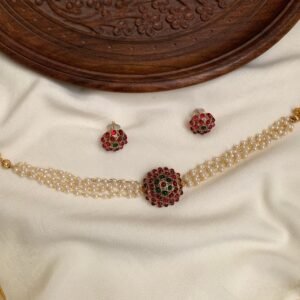 Pearl Choker Necklace Set with Red and Green Kemp Stones MNK19