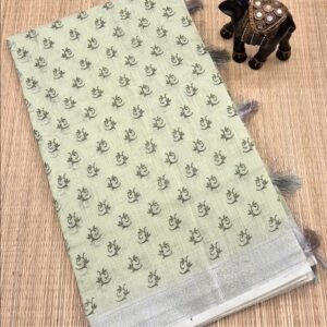 Light Green Linen Printed Saree with Floral Motifs and Woven Border
