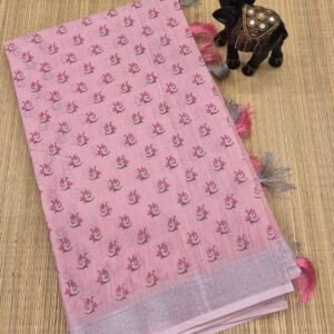 Pink Linen Printed Saree with Floral Motifs and Tassels