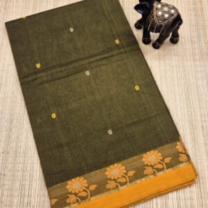 Olive Green Chettinad Cotton Saree with Mustard Floral Border