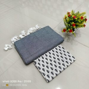 Grey Khadi Cotton Saree with White Tassels and Printed Blouse RCZ01A