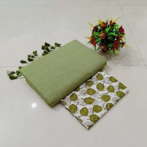 Olive Green Khadi Cotton Saree with Leaf Print Blouse RCZ01B