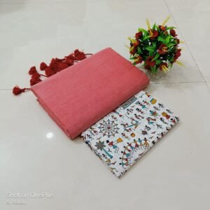 Coral Pink Khadi Cotton Saree with Warli Print Blouse RCZ01D