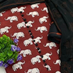 Rust Red Elephant Print Cotton Unstitched Churidar Material CM08