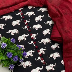 Black Elephant Print Cotton Unstitched Churidar Material – CM07