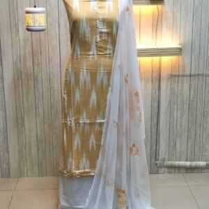 Mustard and White Ikat Print Cotton Unstitched Churidar Material CM09