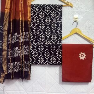 Black and Rust Red Batik Print Cotton Unstitched Churidar Material CM17
