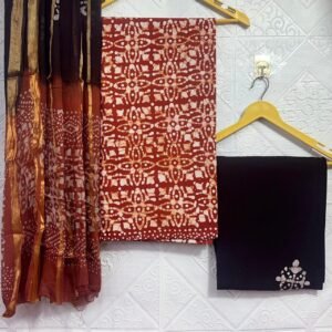 Rust Red and Black Batik Print Cotton Unstitched Churidar Material CM16