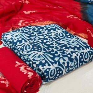 Red and navy blue batik print dress material with white floral, paisley and abstract motifs and traditional decorative border | Onam Collection | Code CM13
