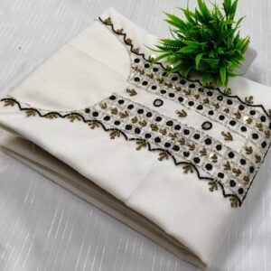 Ivory White Embellished Linen Cotton Unstitched Churidar Material CM25
