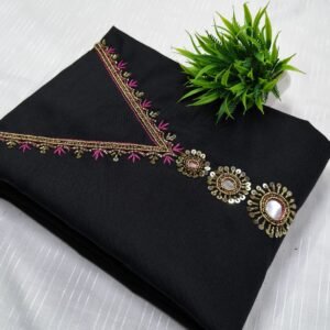 Black Embellished Linen Cotton Unstitched Churidar Material CM26
