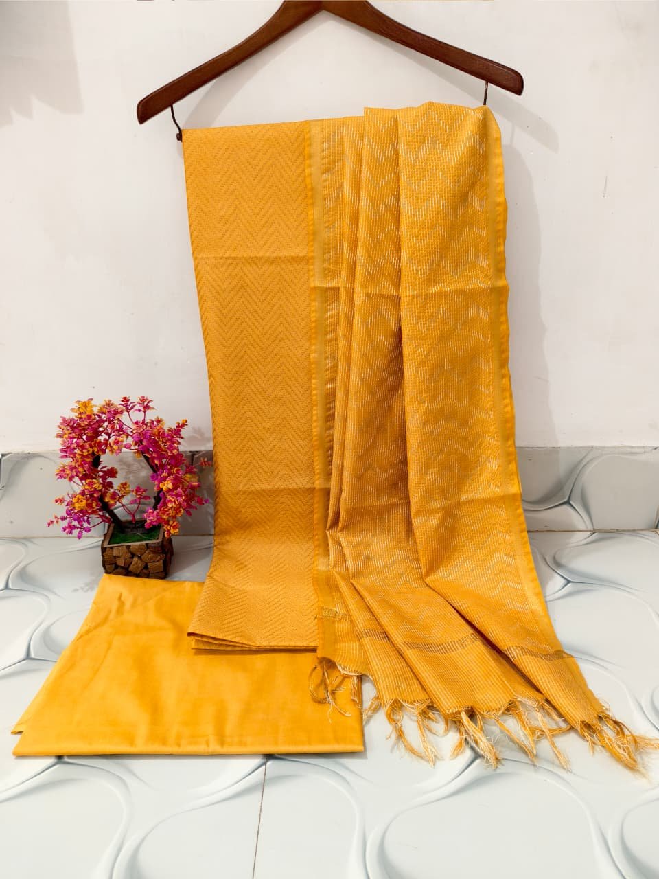 Mustard Yellow Tussar Silk Cotton Unstitched Churidar Material CM01 Mustard Yellow Tussar Silk Cotton Unstitched Churidar Material CM01