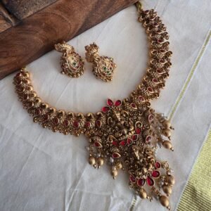 Antique Ganesha Temple Necklace Set with Red Stones and Jhumka Earrings KBJ08