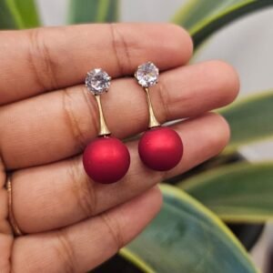 Ruby Red Pearl Drop Earrings with Crystal Stud and Gold Tone Detail